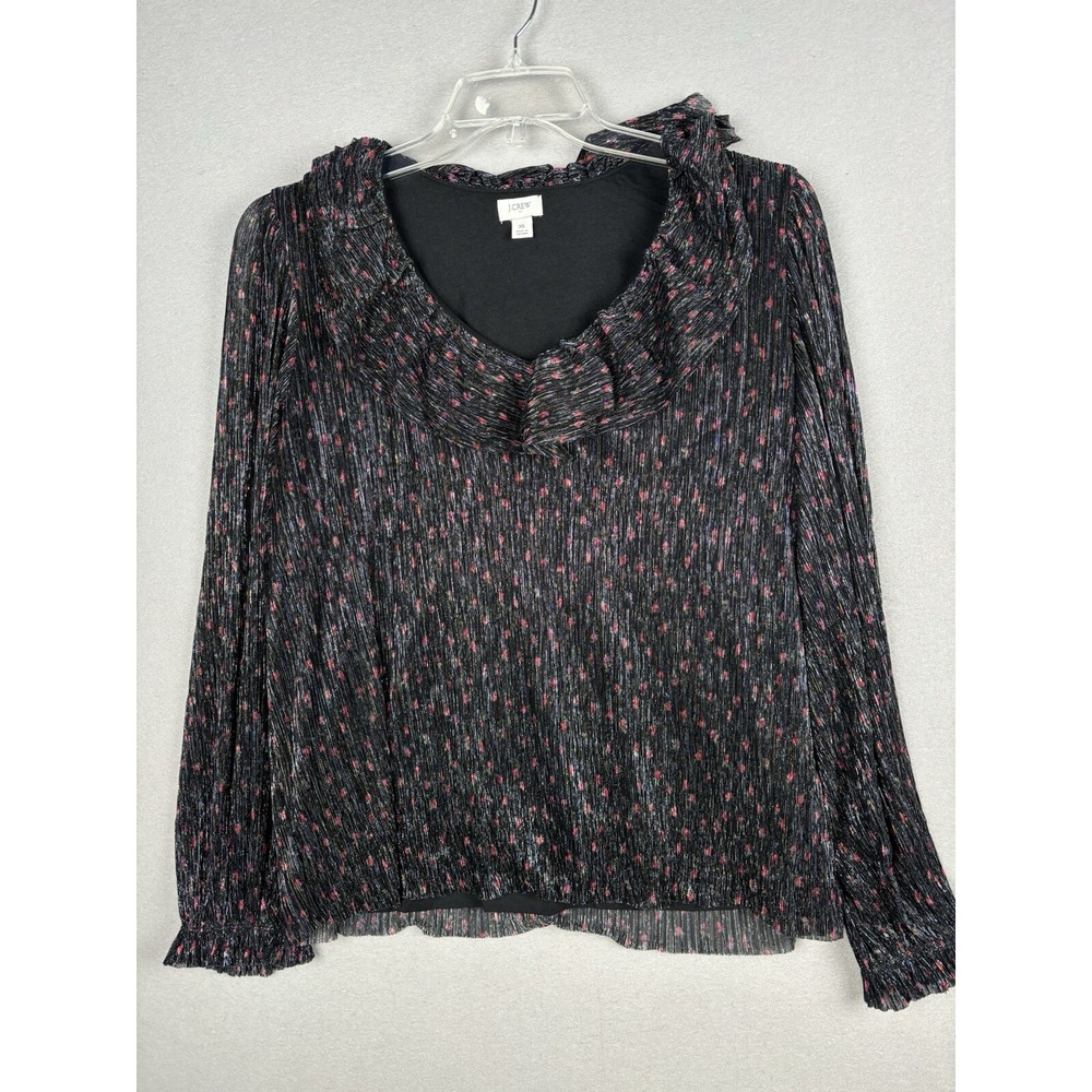 J.Crew Women's Blouse XL Black Shimmer Ruffle Metallic Flowy Apple Print? 3385